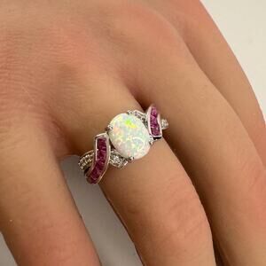 Beautiful Lab Created Opal & Sapphire Ring - Size 7